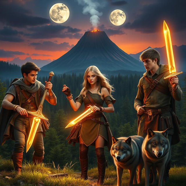 Three young-adult adventurers, including photorealistic males and a beautiful blonde female, exploring a stunning medieval-like world characterized by lush green forests, a dramatic volcano in the background, and two glowing moons illuminating the twilight sky
