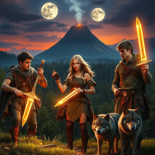 Three young-adult adventurers, including photorealistic males and a beautiful blonde female, exploring a stunning medieval-like world characterized by lush green forests, a dramatic volcano in the background, and two glowing moons illuminating the twilight sky