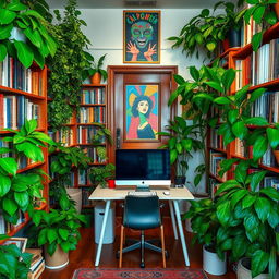 A cozy and inviting room filled with an abundance of lush green plants in various pots, creating a vibrant atmosphere
