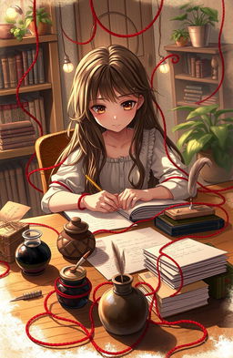 A girl sitting at a wooden desk, engrossed in writing letters