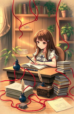 A girl sitting at a wooden desk, engrossed in writing letters