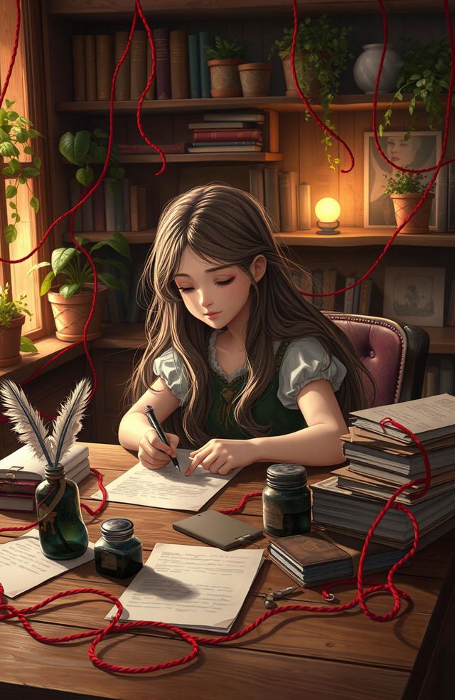 A girl sitting at a wooden desk, engrossed in writing letters