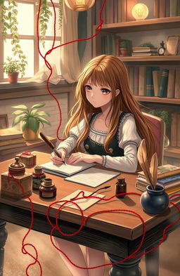 A girl sitting at a wooden desk, engrossed in writing letters