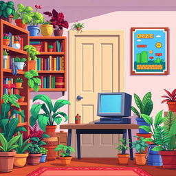 A cozy room filled with an abundance of vibrant, pixelated plants and whimsical pixel art bookshelves