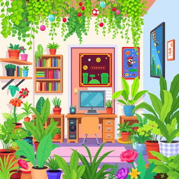A cozy room filled with an abundance of vibrant, pixelated plants and whimsical pixel art bookshelves