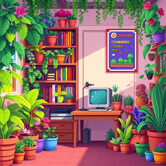 A cozy room filled with an abundance of vibrant, pixelated plants and whimsical pixel art bookshelves