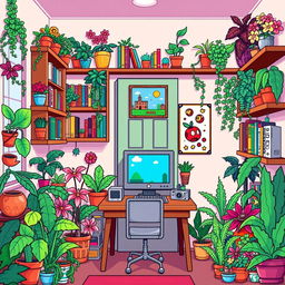 A cozy room filled with an abundance of vibrant, pixelated plants and whimsical pixel art bookshelves