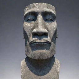 A detailed and realistic rendering of a moai statue, carved from gray stone with facial features standing out prominently.