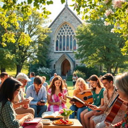 An idyllic scene representing Christian society, featuring a diverse group of people of different ages and ethnicities, gathered in a sunlit park