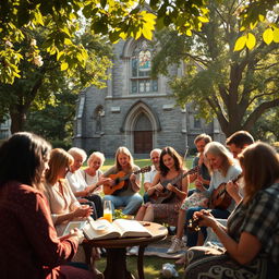 An idyllic scene representing Christian society, featuring a diverse group of people of different ages and ethnicities, gathered in a sunlit park
