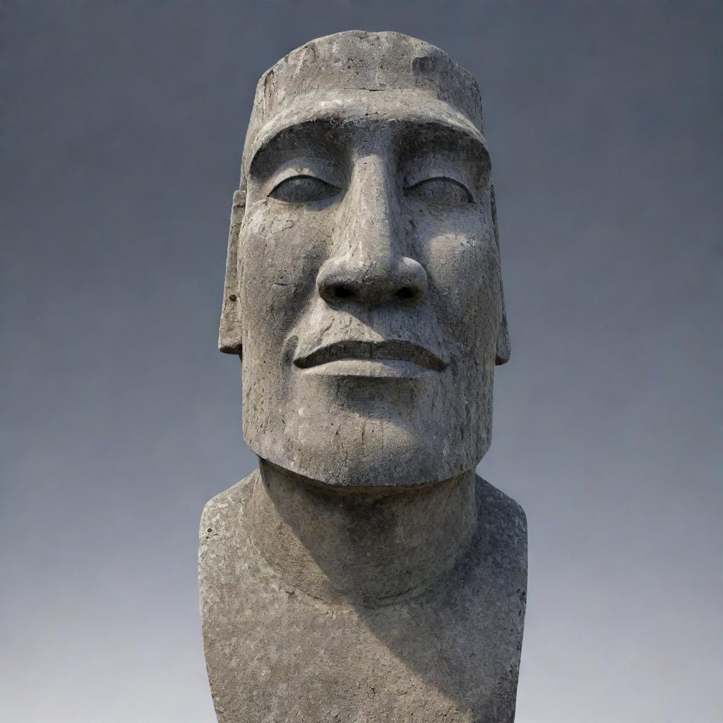 A detailed and realistic rendering of a moai statue, carved from gray stone with facial features standing out prominently.