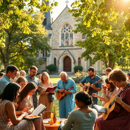 An idyllic scene representing Christian society, featuring a diverse group of people of different ages and ethnicities, gathered in a sunlit park