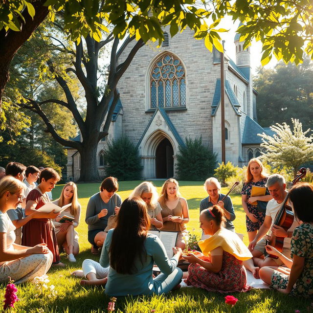 An idyllic scene representing Christian society, featuring a diverse group of people of different ages and ethnicities, gathered in a sunlit park