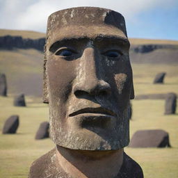 The previously described moai statue, now featuring a grim expression with angry eyes and a downturned mouth, portraying a strong feeling of anger.