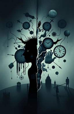 An abstract visual representation of a Freudian exploration of moral paralysis, depicting various psychological symbols like a fragmented human silhouette caught in a labyrinth of choices, intermingled with imagery of both repression and desire