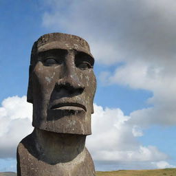 The previously described moai statue, now featuring a grim expression with angry eyes and a downturned mouth, portraying a strong feeling of anger.