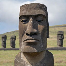 The previously described moai statue, now featuring a grim expression with angry eyes and a downturned mouth, portraying a strong feeling of anger.