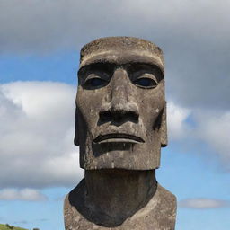 The previously described moai statue, now featuring a grim expression with angry eyes and a downturned mouth, portraying a strong feeling of anger.