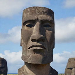 The moai statue, now with extremely exaggerated features to convey a higher level of anger. Eyebrows are deeply furrowed, eyes are blazing, and the mouth is sternly downturned.