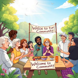A vibrant and warm illustration of a Christian community gathering, featuring diverse people of various ages and backgrounds