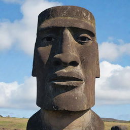 The moai statue, now with extremely exaggerated features to convey a higher level of anger. Eyebrows are deeply furrowed, eyes are blazing, and the mouth is sternly downturned.