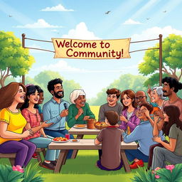 A vibrant and warm illustration of a Christian community gathering, featuring diverse people of various ages and backgrounds