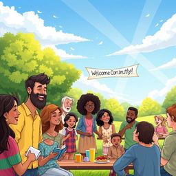 A vibrant and warm illustration of a Christian community gathering, featuring diverse people of various ages and backgrounds