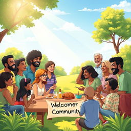 A vibrant and warm illustration of a Christian community gathering, featuring diverse people of various ages and backgrounds
