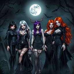 A mysterious group of evil vampire girls, each exuding wickedness and charm in a dark, atmospheric setting