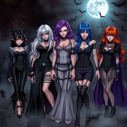 A mysterious group of evil vampire girls, each exuding wickedness and charm in a dark, atmospheric setting