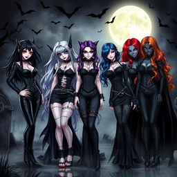 A mysterious group of evil vampire girls, each exuding wickedness and charm in a dark, atmospheric setting