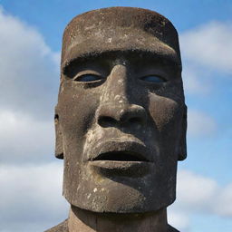 The moai statue, now with extremely exaggerated features to convey a higher level of anger. Eyebrows are deeply furrowed, eyes are blazing, and the mouth is sternly downturned.