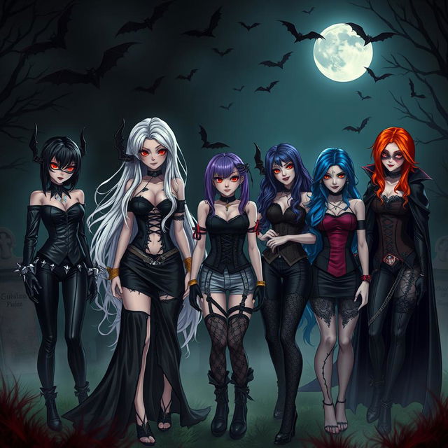 A mysterious group of evil vampire girls, each exuding wickedness and charm in a dark, atmospheric setting