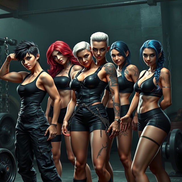 A powerful group of sadistic muscular girls, showcasing strength and dominance in a fierce, dark setting