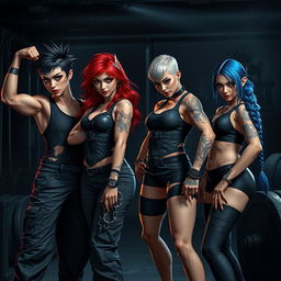 A powerful group of sadistic muscular girls, showcasing strength and dominance in a fierce, dark setting
