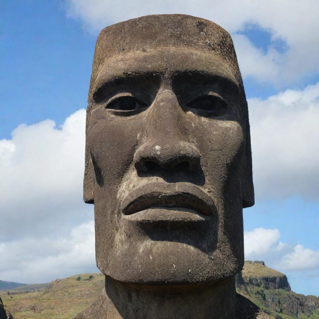 The moai statue, now with extremely exaggerated features to convey a higher level of anger. Eyebrows are deeply furrowed, eyes are blazing, and the mouth is sternly downturned.