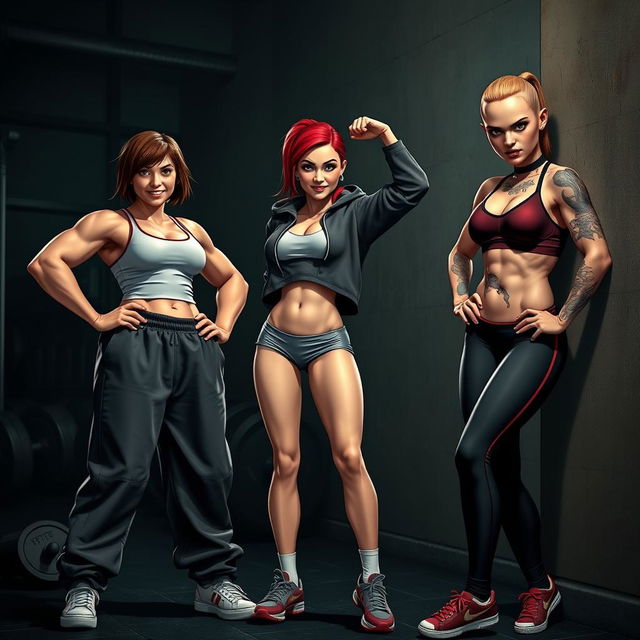 A group of muscular girls embodying a sadistic bully attitude, showcasing strength and intimidation in a tense setting