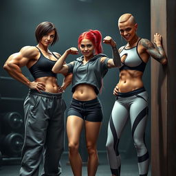 A group of muscular girls embodying a sadistic bully attitude, showcasing strength and intimidation in a tense setting