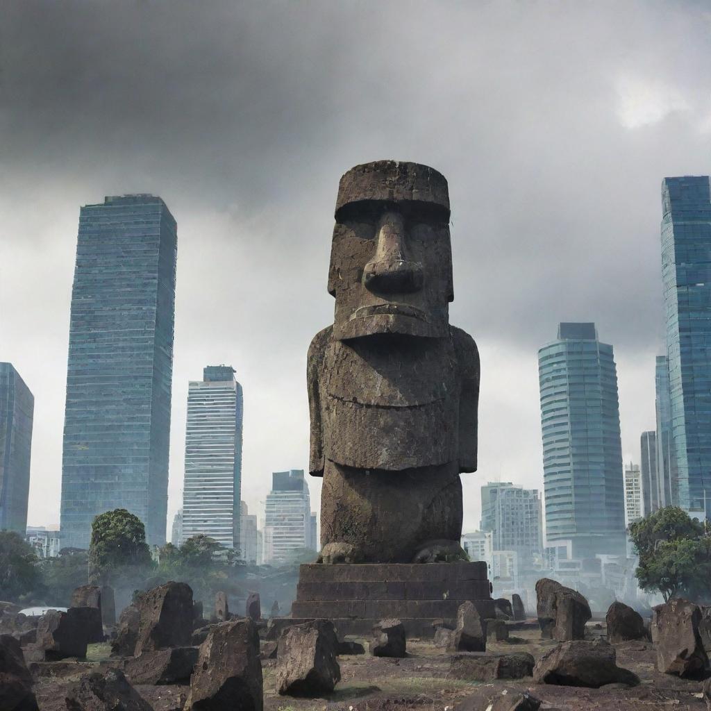 The moai statue, ferociously angry and in the act of toppling skyscrapers in a city. The city is shown in chaos for added intensity.