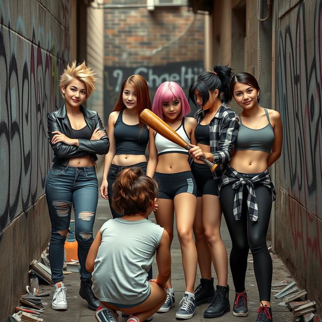 A group of sadistic bully girls, exuding an air of dominance and intimidation in a gritty urban environment