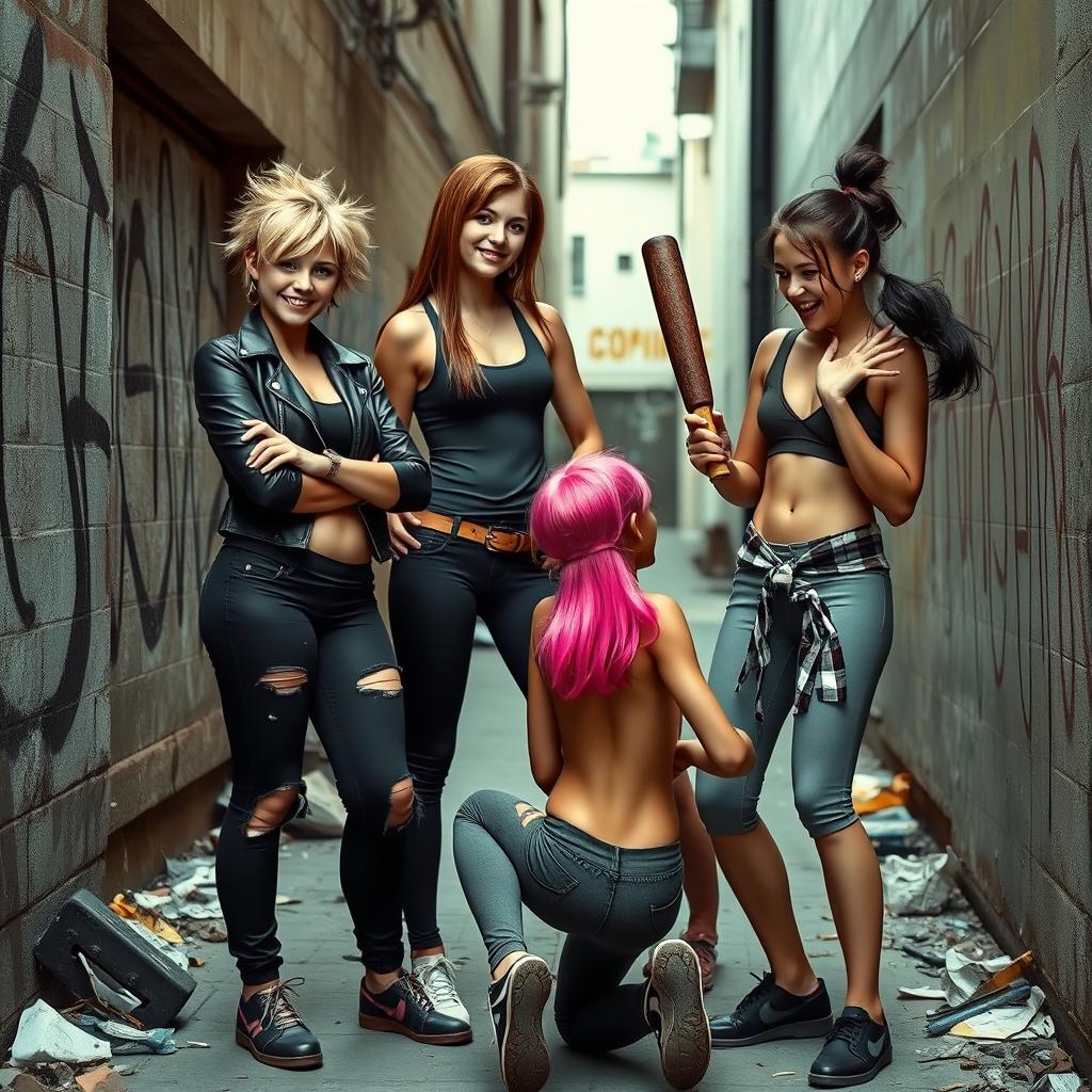 A group of sadistic bully girls, exuding an air of dominance and intimidation in a gritty urban environment