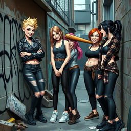 A group of sadistic bully girls, exuding an air of dominance and intimidation in a gritty urban environment