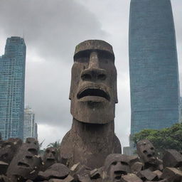 The moai statue, ferociously angry and in the act of toppling skyscrapers in a city. The city is shown in chaos for added intensity.