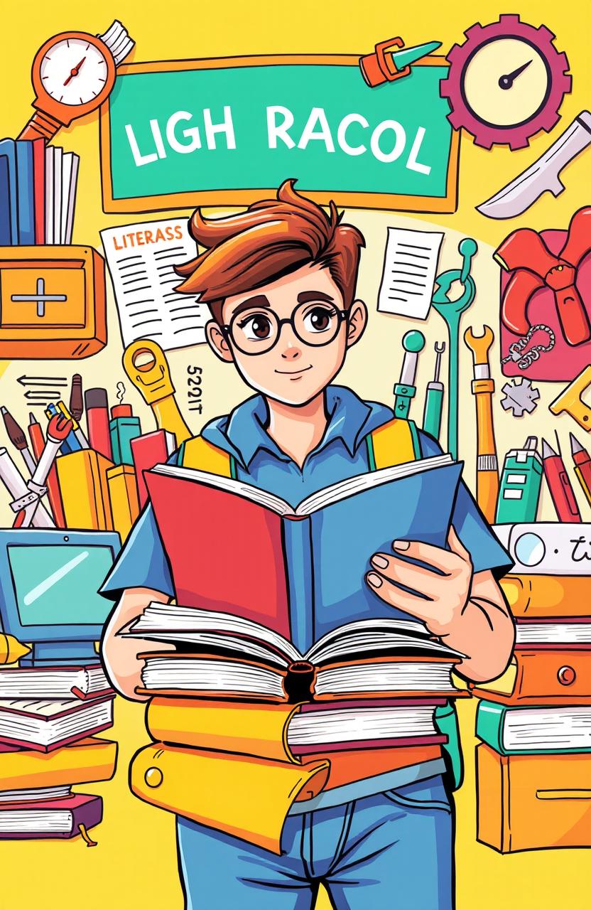 A vibrant and engaging illustration of a high school student reading and studying diligently, surrounded by various educational materials related to literature, vocational training, and creative expression