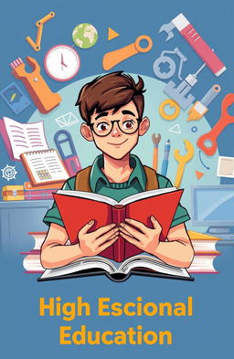 A vibrant and engaging illustration of a high school student reading and studying diligently, surrounded by various educational materials related to literature, vocational training, and creative expression