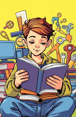A vibrant and engaging illustration of a high school student reading and studying diligently, surrounded by various educational materials related to literature, vocational training, and creative expression