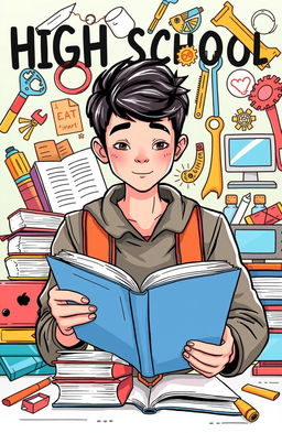 A vibrant and engaging illustration of a high school student reading and studying diligently, surrounded by various educational materials related to literature, vocational training, and creative expression