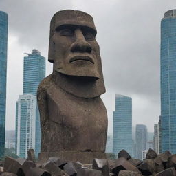 The moai statue, ferociously angry and in the act of toppling skyscrapers in a city. The city is shown in chaos for added intensity.