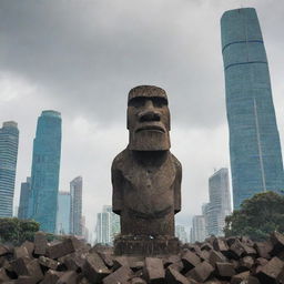 The moai statue, ferociously angry and in the act of toppling skyscrapers in a city. The city is shown in chaos for added intensity.