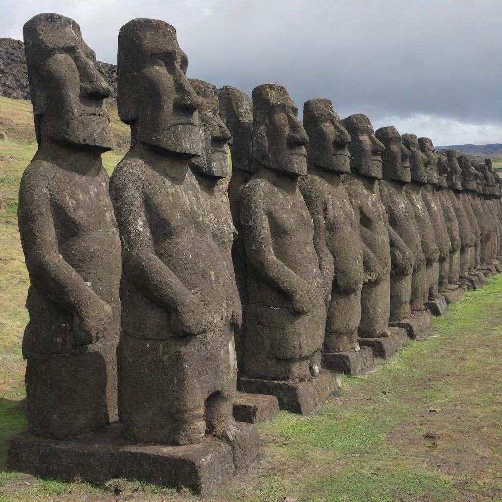 The enraged moai statue, in addition to causing chaos in a city, is now leading an army of 10,000 stone warriors that mirror its anger, ready for battle.